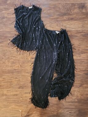 Nanette Lepore Black Sequin Fringe Two-Piece Jumpsuit Set